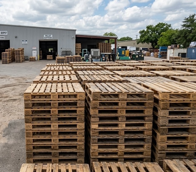 Rows of stacked pallets in outdoor yard
