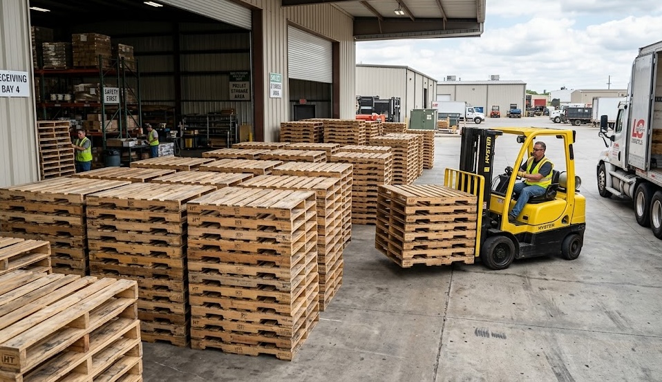 Forklift loading pallets at shipping bay