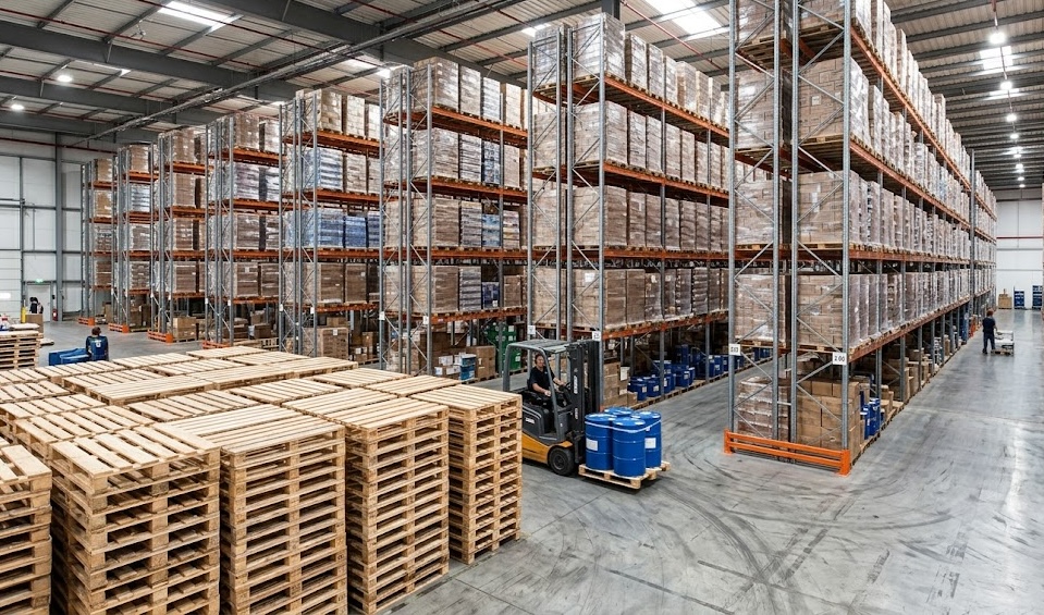 Large warehouse with pallet racking system